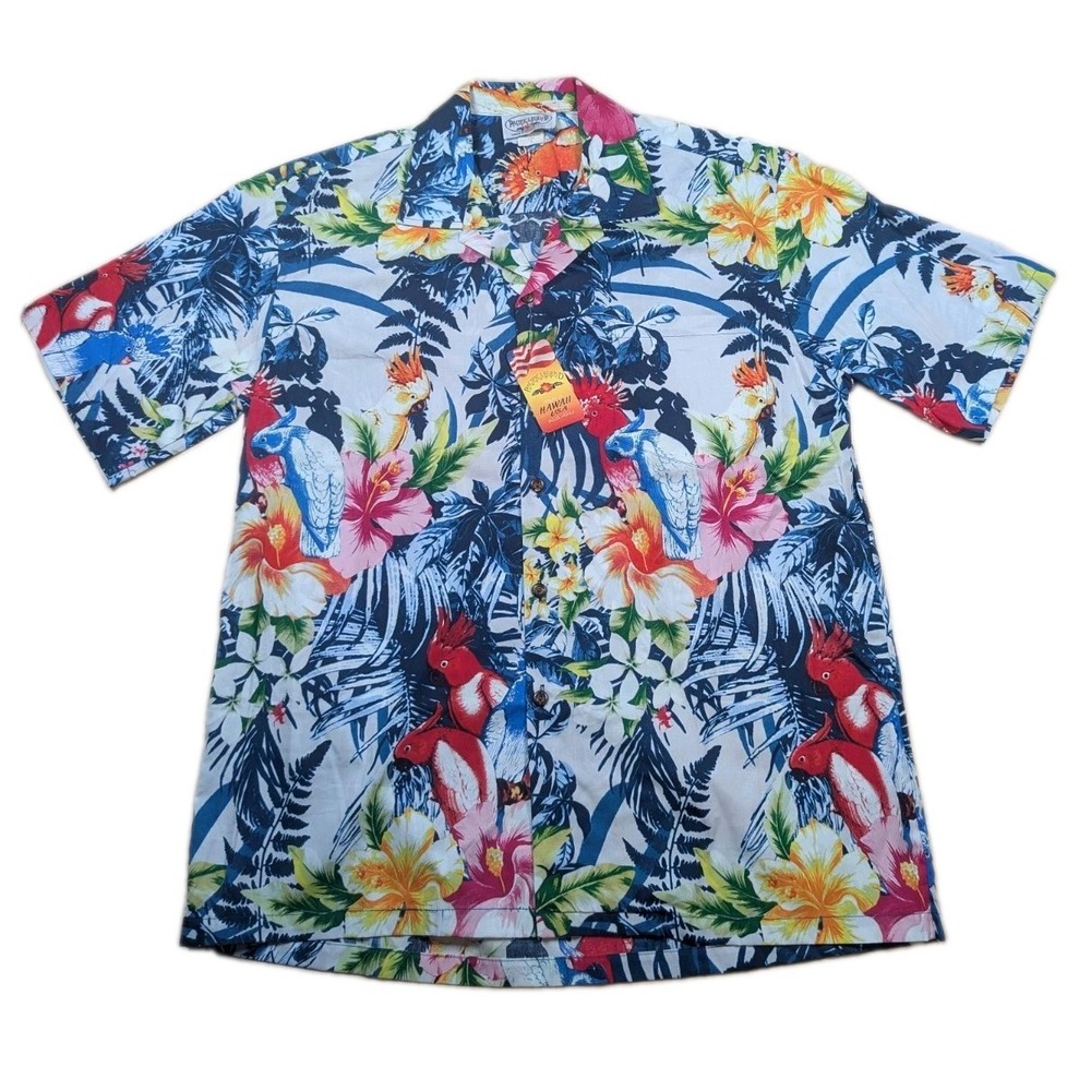 Vintage NWT Pacific Legend L Hawaiian Shirt Floral w/ Parrots, Single Stitch